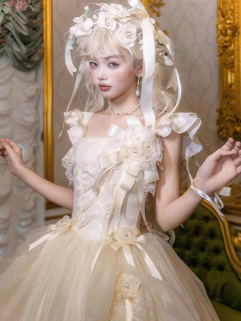 Abiti da fata Lolita con fiocco bianco lacci e fiori abito lungo da festa in stile Lolita