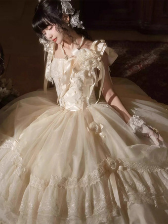 Abiti da fata Lolita con fiocco bianco lacci e fiori abito lungo da festa in stile Lolita