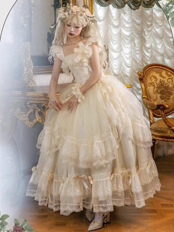 Abiti da fata Lolita con fiocco bianco lacci e fiori abito lungo da festa in stile Lolita