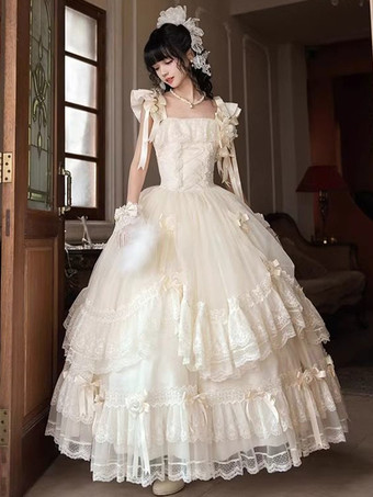 Bianco Abiti da fata Lolita con fiocco bianco lacci e fiori abito lungo da festa in stile Lolita