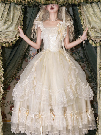 Abiti da fata Lolita con fiocco bianco lacci e fiori abito lungo da festa in stile Lolita