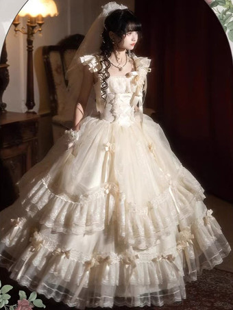 Abiti da fata Lolita con fiocco bianco lacci e fiori abito lungo da festa in stile Lolita