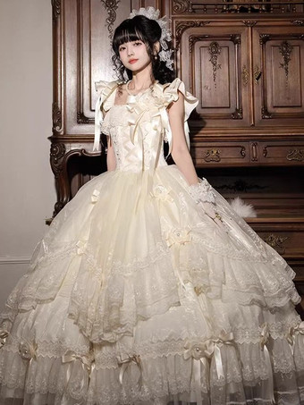 Abiti da fata Lolita con fiocco bianco lacci e fiori abito lungo da festa in stile Lolita