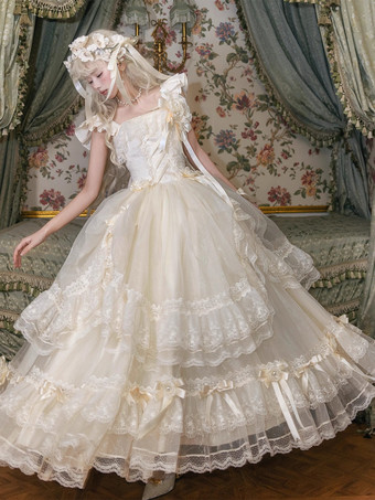 Abiti da fata Lolita con fiocco bianco lacci e fiori abito lungo da festa in stile Lolita