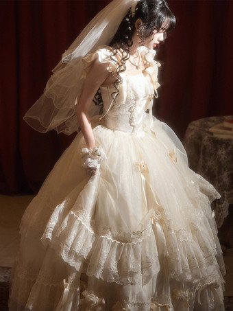 Abiti da fata Lolita con fiocco bianco lacci e fiori abito lungo da festa in stile Lolita
