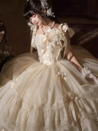 Abiti da fata Lolita con fiocco bianco lacci e fiori abito lungo da festa in stile Lolita