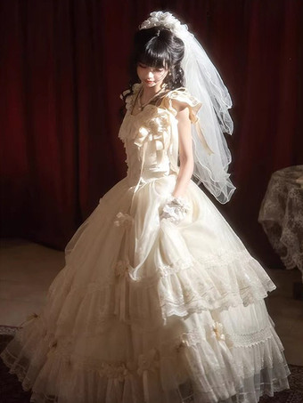 Abiti da fata Lolita con fiocco bianco lacci e fiori abito lungo da festa in stile Lolita