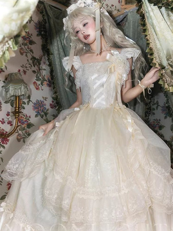 Abiti da fata Lolita con fiocco bianco lacci e fiori abito lungo da festa in stile Lolita