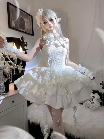 ホワイト ゴシックロリータドレス スパゲッティフリルフラワーレースアップショートゴシックロリータドレス
