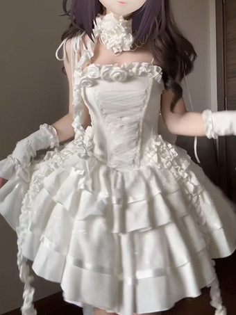 ゴシックロリータドレス スパゲッティフリルフラワーレースアップショートゴシックロリータドレス