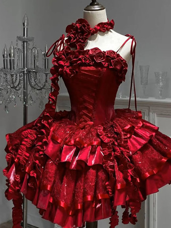 ゴシックロリータドレス スパゲッティフリルフラワーレースアップショートゴシックロリータドレス