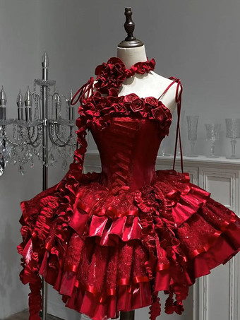 レッド ゴシックロリータドレス スパゲッティフリルフラワーレースアップショートゴシックロリータドレス