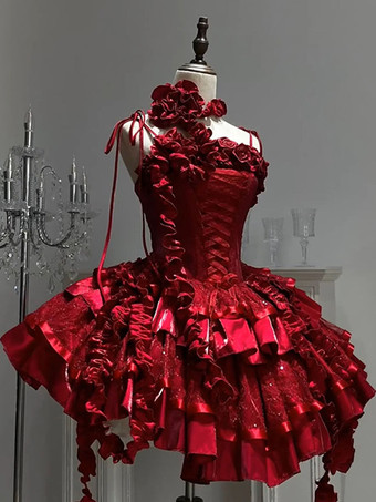 ゴシックロリータドレス スパゲッティフリルフラワーレースアップショートゴシックロリータドレス