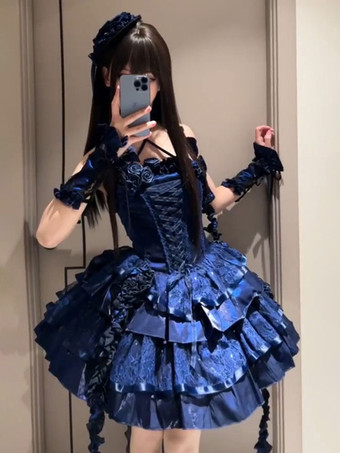 ゴシックロリータドレス スパゲッティフリルフラワーレースアップショートゴシックロリータドレス