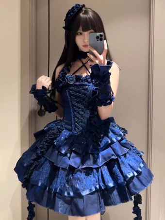 ゴシックロリータドレス スパゲッティフリルフラワーレースアップショートゴシックロリータドレス