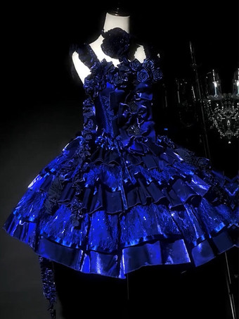 ゴシックロリータドレス スパゲッティフリルフラワーレースアップショートゴシックロリータドレス