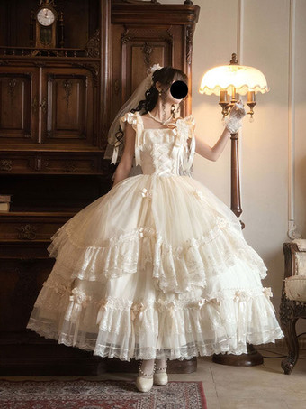 Bianco Abiti da fata Lolita lunghi e dolci con volant in pizzo bianco e fiocchi abito da Lolita