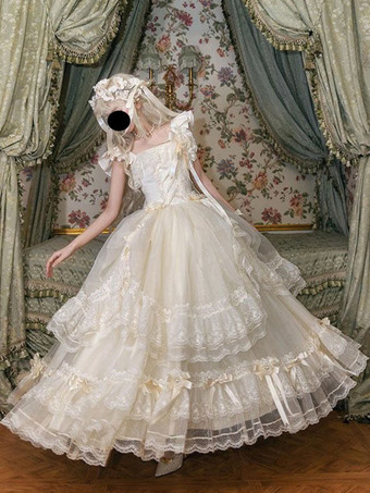 Abiti da fata Lolita lunghi e dolci con volant in pizzo bianco e fiocchi abito da Lolita