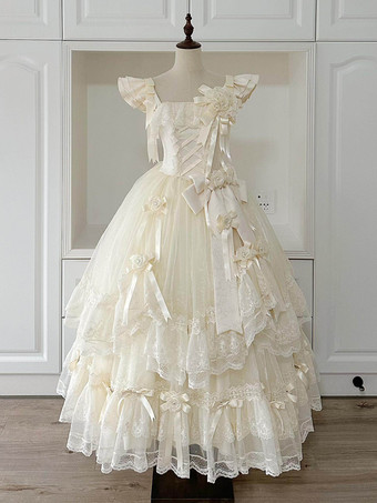 Abiti da fata Lolita lunghi e dolci con volant in pizzo bianco e fiocchi abito da Lolita