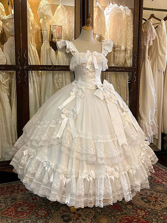 Abiti da fata Lolita lunghi e dolci con volant in pizzo bianco e fiocchi abito da Lolita