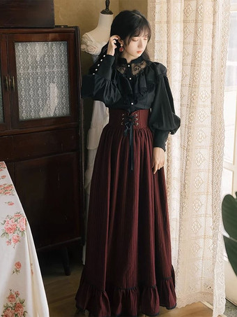 Completo abito Lolita vintage nero e rosso con maniche lunghe camicia Lolita con fascia e gonna lunga