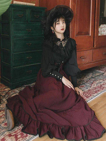 Completo abito Lolita vintage nero e rosso con maniche lunghe camicia Lolita con fascia e gonna lunga