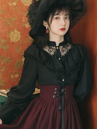 Completo abito Lolita vintage nero e rosso con maniche lunghe camicia Lolita con fascia e gonna lunga