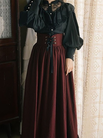 Completo abito Lolita vintage nero e rosso con maniche lunghe camicia Lolita con fascia e gonna lunga