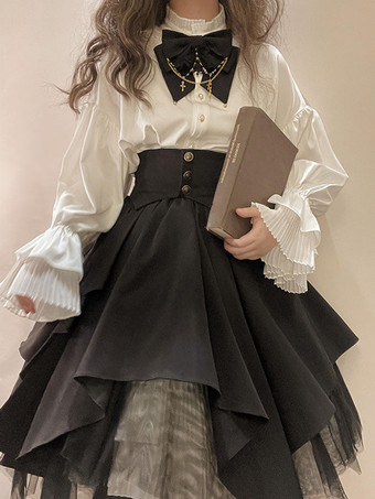 negro Conjunto de lolita gótica con camisa y falda de lolita con lazo mangas largas en blanco y negro