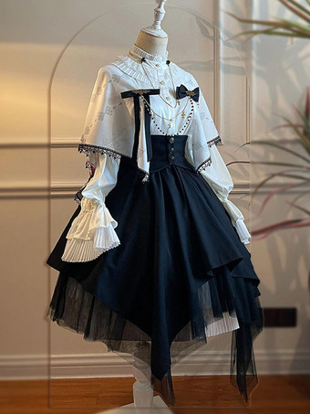 Conjunto de lolita gótica con camisa y falda de lolita con lazo mangas largas en blanco y negro