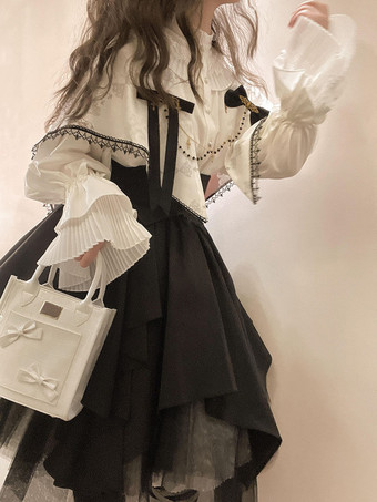 Conjunto de lolita gótica con camisa y falda de lolita con lazo mangas largas en blanco y negro