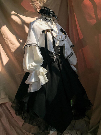 Conjunto de lolita gótica con camisa y falda de lolita con lazo mangas largas en blanco y negro