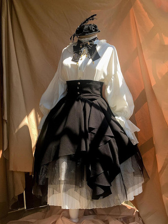 Conjunto de lolita gótica con camisa y falda de lolita con lazo mangas largas en blanco y negro