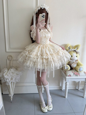 姫ロリータドレス スイートレースフリルバンデージバックボウショートショートロリータドレス