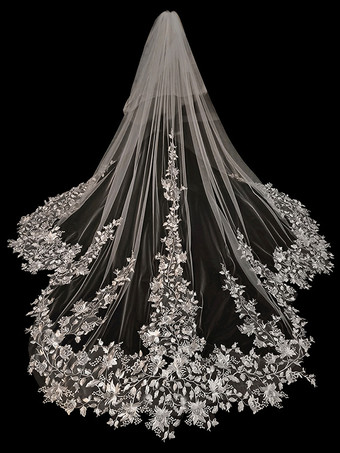 アイボリーウェディングベール 2段レースチュールレースアップリケエッジウォーターフォールブライダルベール