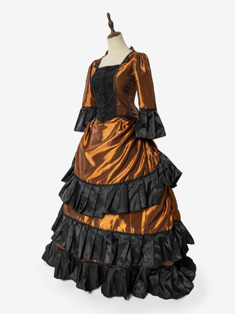 Completo di abiti vittoriani in stile vintage volant arancioni maniche lunghe classico set di abiti retrò