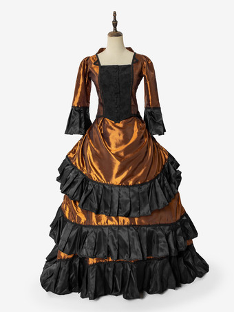 ArancioneCompleto di abiti vittoriani in stile vintage volant arancioni maniche lunghe classico set di abiti retrò