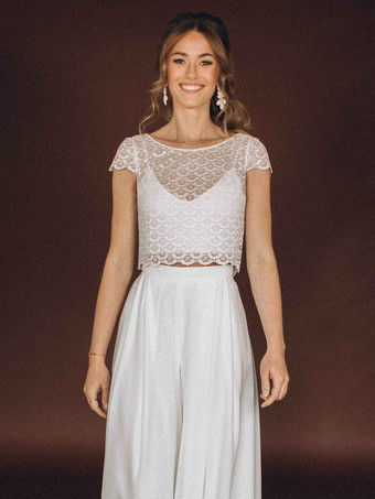 ホワイト3ピースウェディングドレス シフォンレース イリュージョンネックライン ツーピース フロアレングス バックレス ショートスリーブ ロング ホワイト