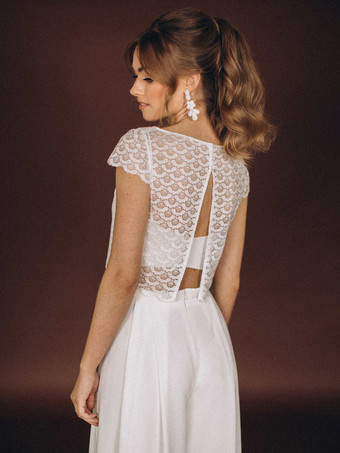 3ピースウェディングドレス シフォンレース イリュージョンネックライン ツーピース フロアレングス バックレス ショートスリーブ ロング ホワイト