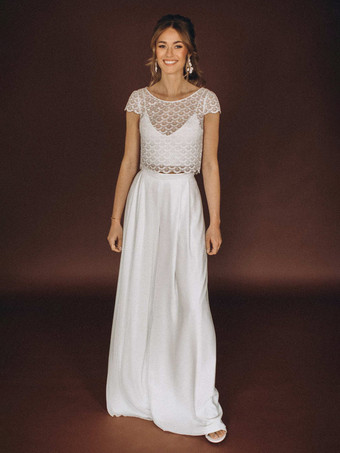 3ピースウェディングドレス シフォンレース イリュージョンネックライン ツーピース フロアレングス バックレス ショートスリーブ ロング ホワイト