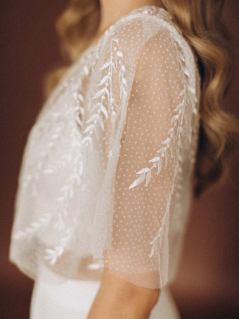 スリーピースウェディングドレス レース レース イリュージョンネックライン ツーピース トレーン付き ジッパー ハーフスリーブ ロング ホワイト