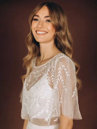 スリーピースウェディングドレス レース レース イリュージョンネックライン ツーピース トレーン付き ジッパー ハーフスリーブ ロング ホワイト