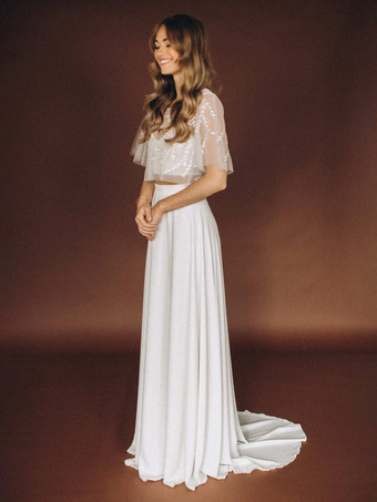 スリーピースウェディングドレス レース レース イリュージョンネックライン ツーピース トレーン付き ジッパー ハーフスリーブ ロング ホワイト