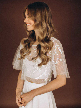 スリーピースウェディングドレス レース レース イリュージョンネックライン ツーピース トレーン付き ジッパー ハーフスリーブ ロング ホワイト