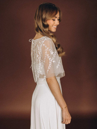 スリーピースウェディングドレス レース レース イリュージョンネックライン ツーピース トレーン付き ジッパー ハーフスリーブ ロング ホワイト