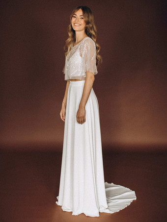 ホワイトスリーピースウェディングドレス レース レース イリュージョンネックライン ツーピース トレーン付き ジッパー ハーフスリーブ ロング ホワイト