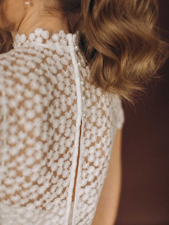 スリーピースウェディングドレス シフォンレース イリュージョンネックライン ツーピース トレーン付き バックレス 半袖 ロング ホワイト