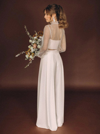 アイボリースリーピースウェディングドレス レース レース イリュージョンネックライン ツーピース フロア丈 バックレス ロングスリーブ フロア丈 ホワイト