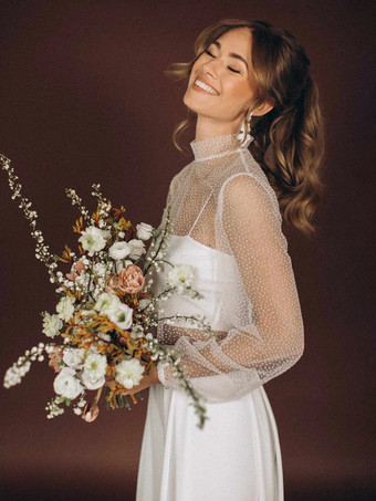 スリーピースウェディングドレス レース レース イリュージョンネックライン ツーピース フロア丈 バックレス ロングスリーブ フロア丈 ホワイト