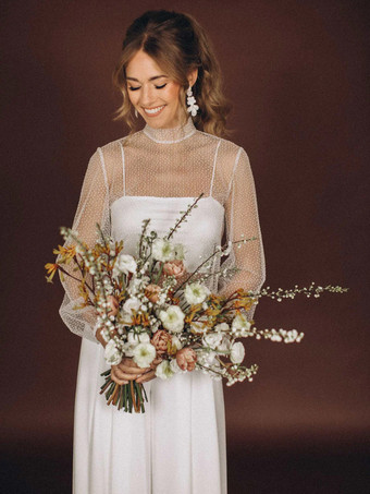 スリーピースウェディングドレス レース レース イリュージョンネックライン ツーピース フロア丈 バックレス ロングスリーブ フロア丈 ホワイト